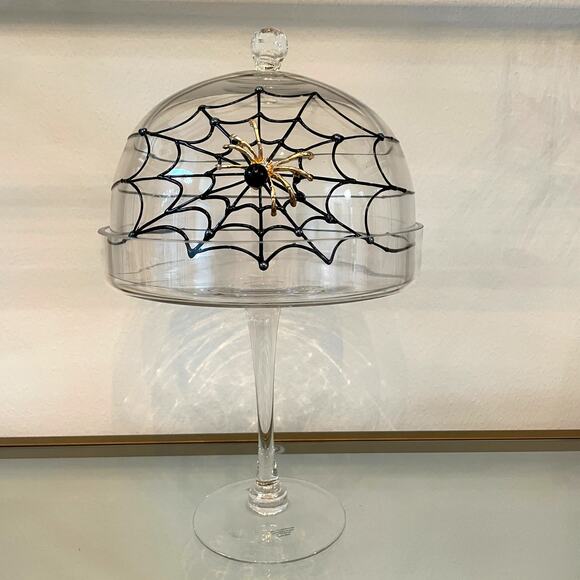 Gorgeous Halloween Glass Cloche 15in Jeweled Spider on Web Cake Dome Pedestal - Picture 1 of 10